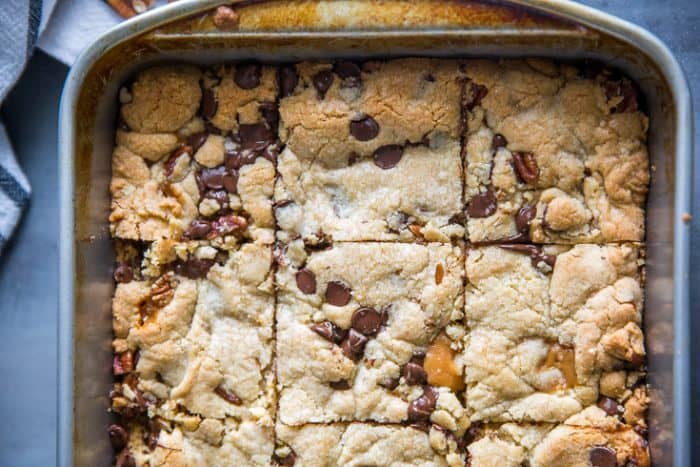chocolate chip cookie bars in pan