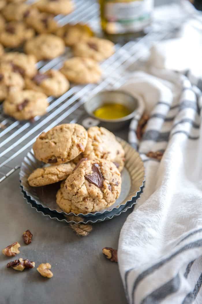 Chocolate chip walnut cookies in a metal dish