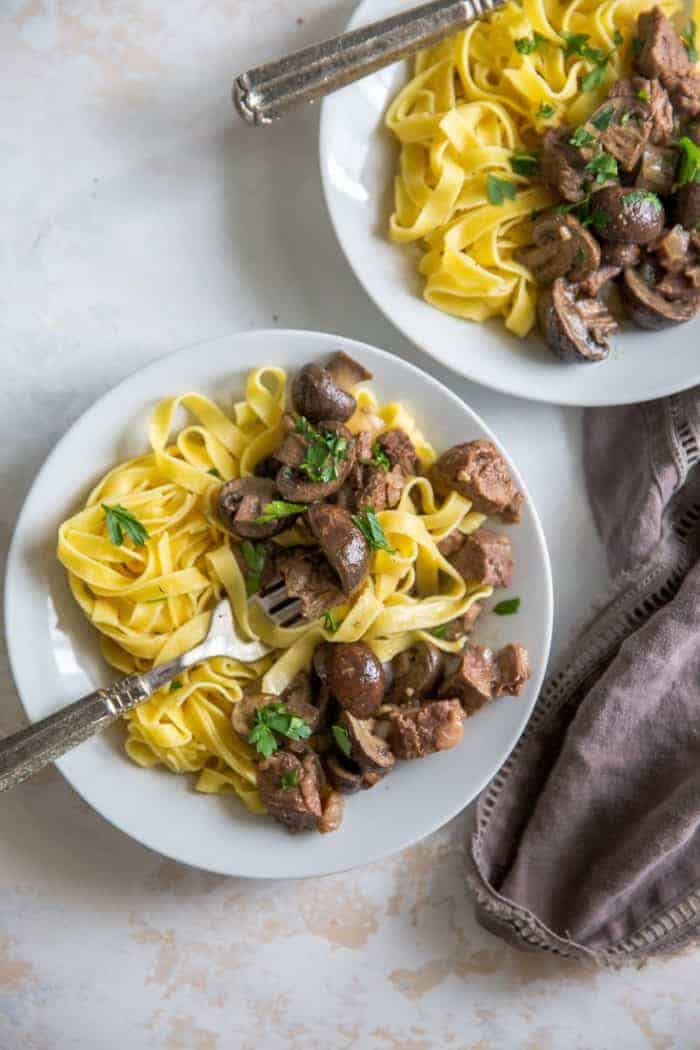 crockpot beef tips with fork