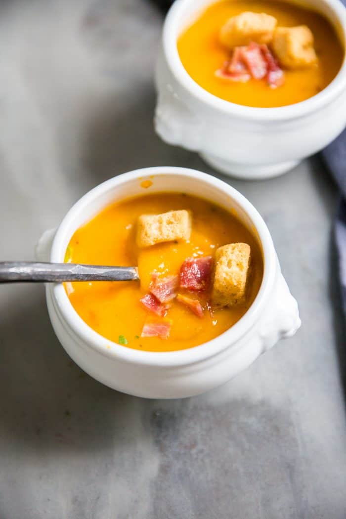 roasted butternut squash soup croutons and bacon