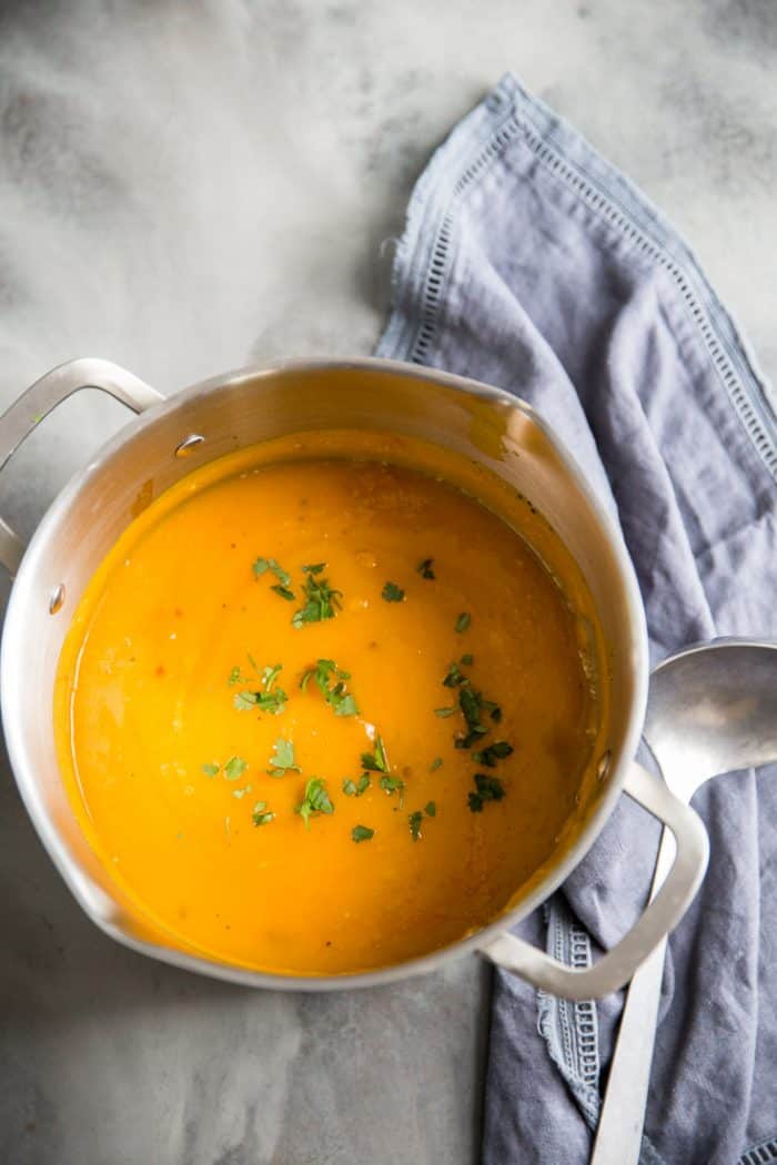 roasted butternut squash soup in the soup pot