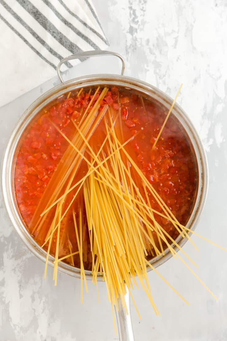 dried pasta in sauce