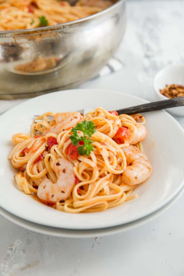 bowl of shrimp diablo pasta