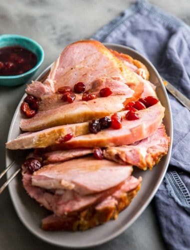 Baked ham sliced on a platter