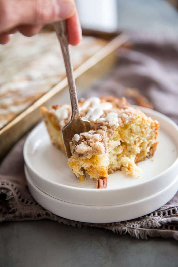 Cinnamon coffee cake with a fork