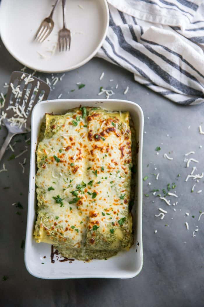 Green baking dish lasagna rolls