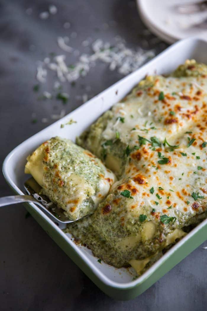 Lasagna roll lifted with a spatula