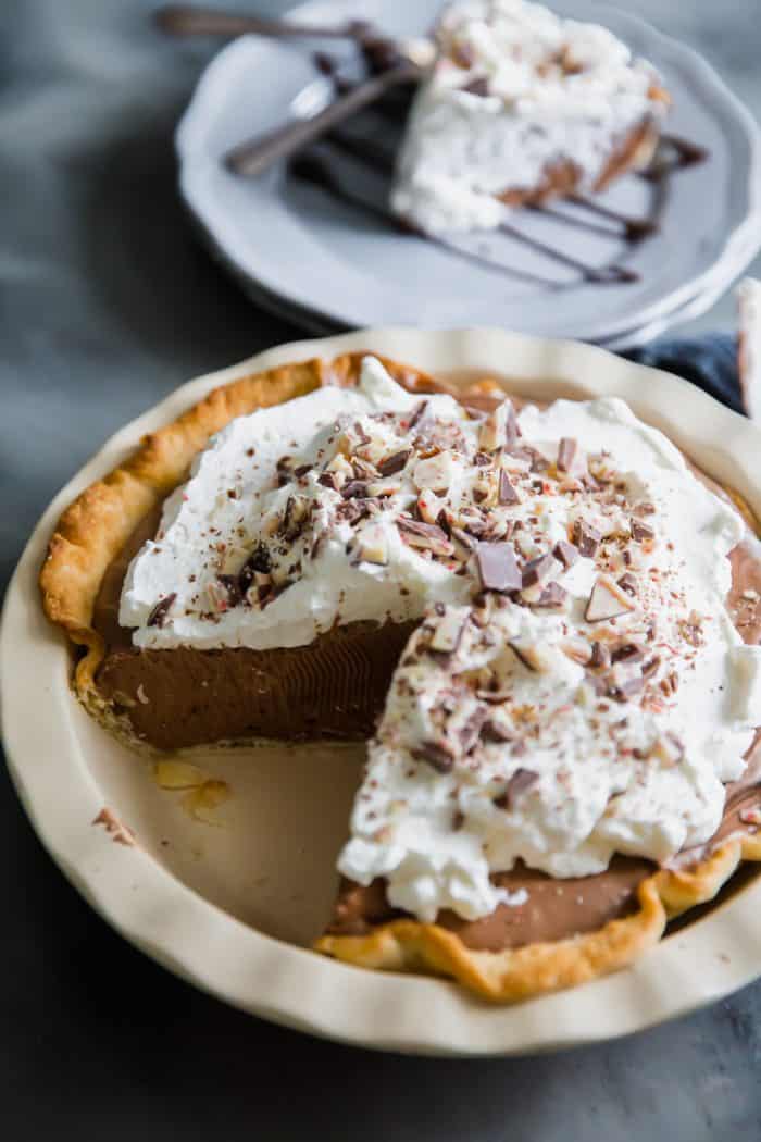 hot chocolate pie with a piece missing