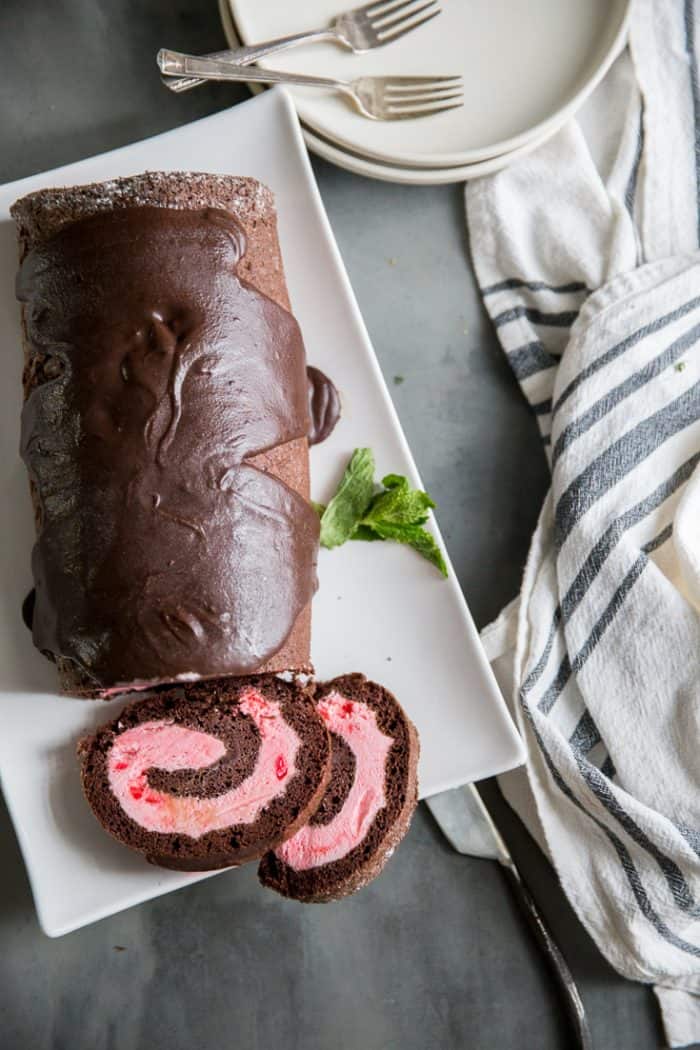 peppermint ice cream cake roll two slices