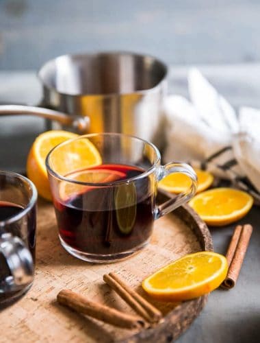 Warm red wine sangria in clear glass