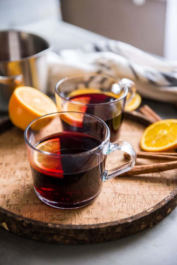 Warm red wine sangria on a tray