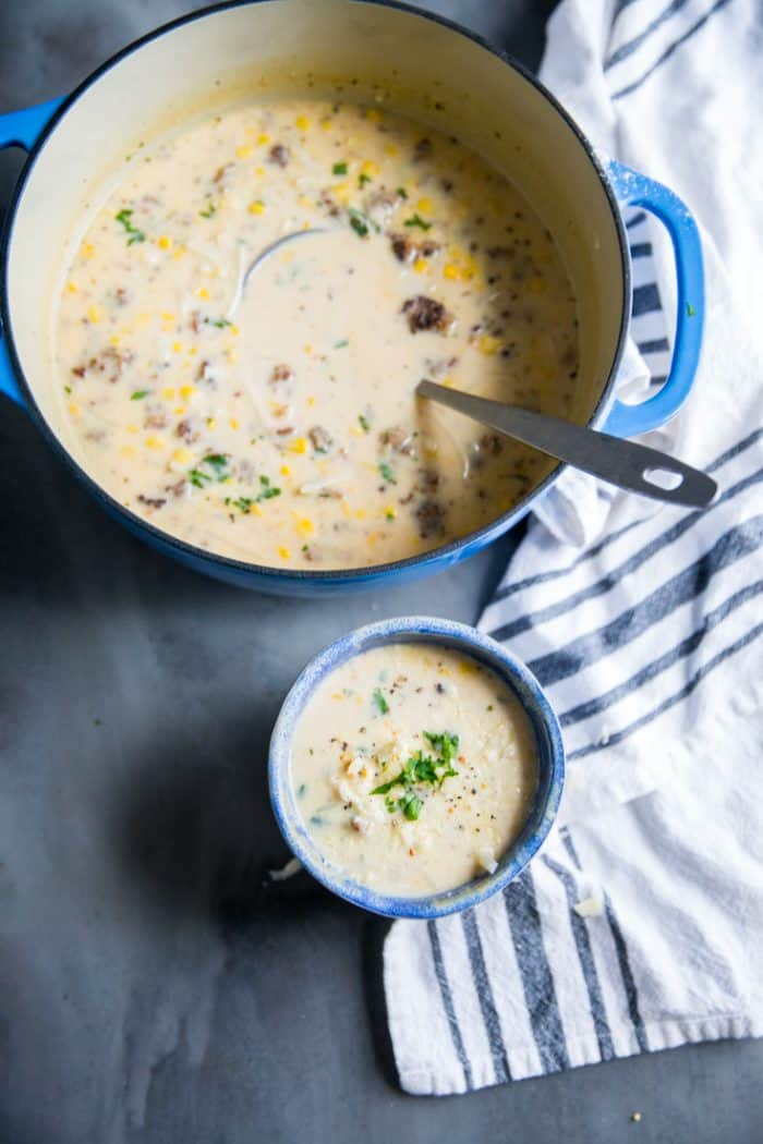 corn chowder soup bowl and pot