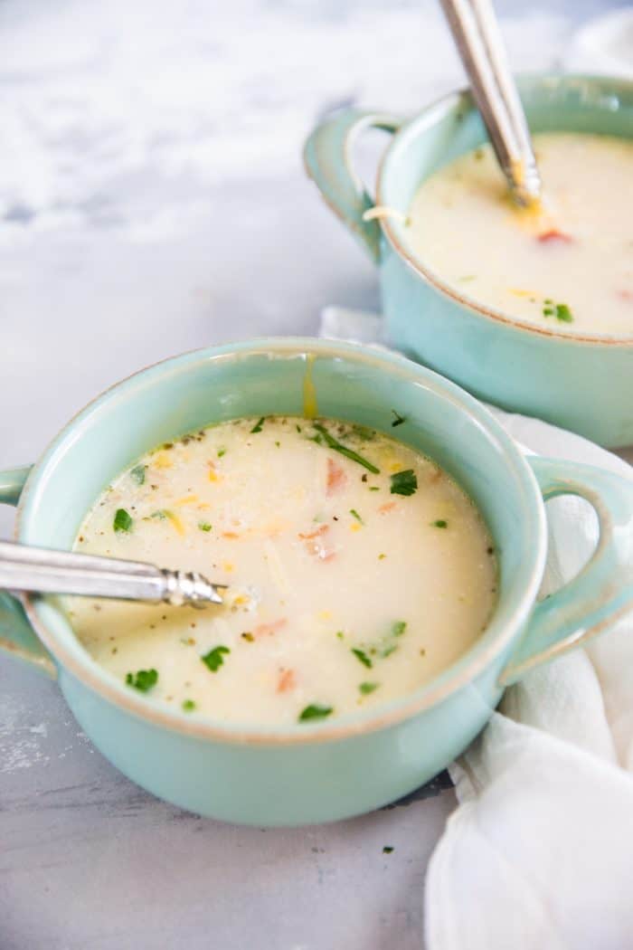 Potato leek soup blue bowl