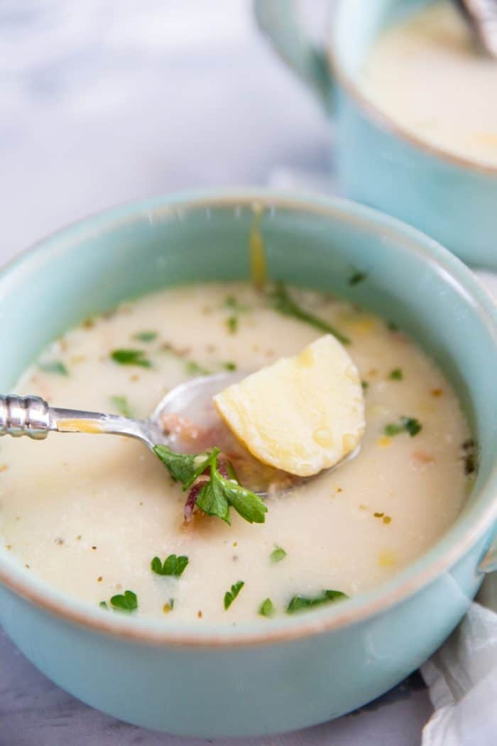 potato leek soup with a bite of potato