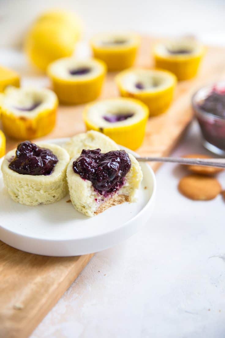Blueberry cheesecakes on a white plate