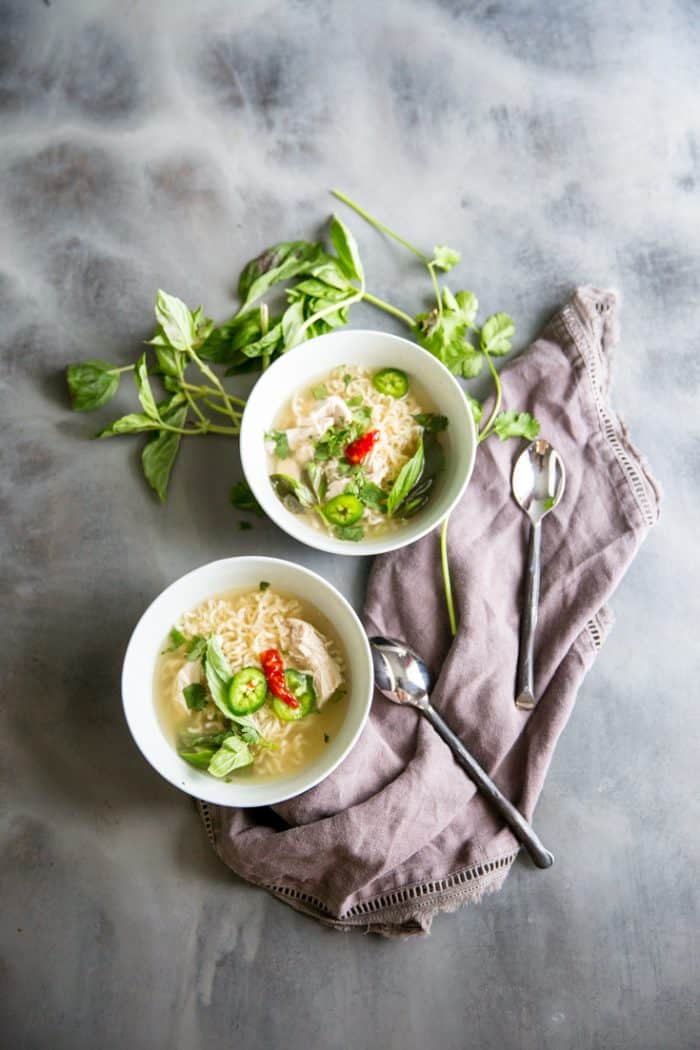 chicken pho recipe with a gray towel