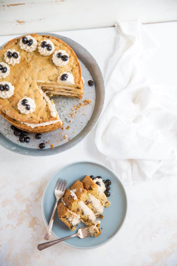 Sliced chocolate chip cookie cake