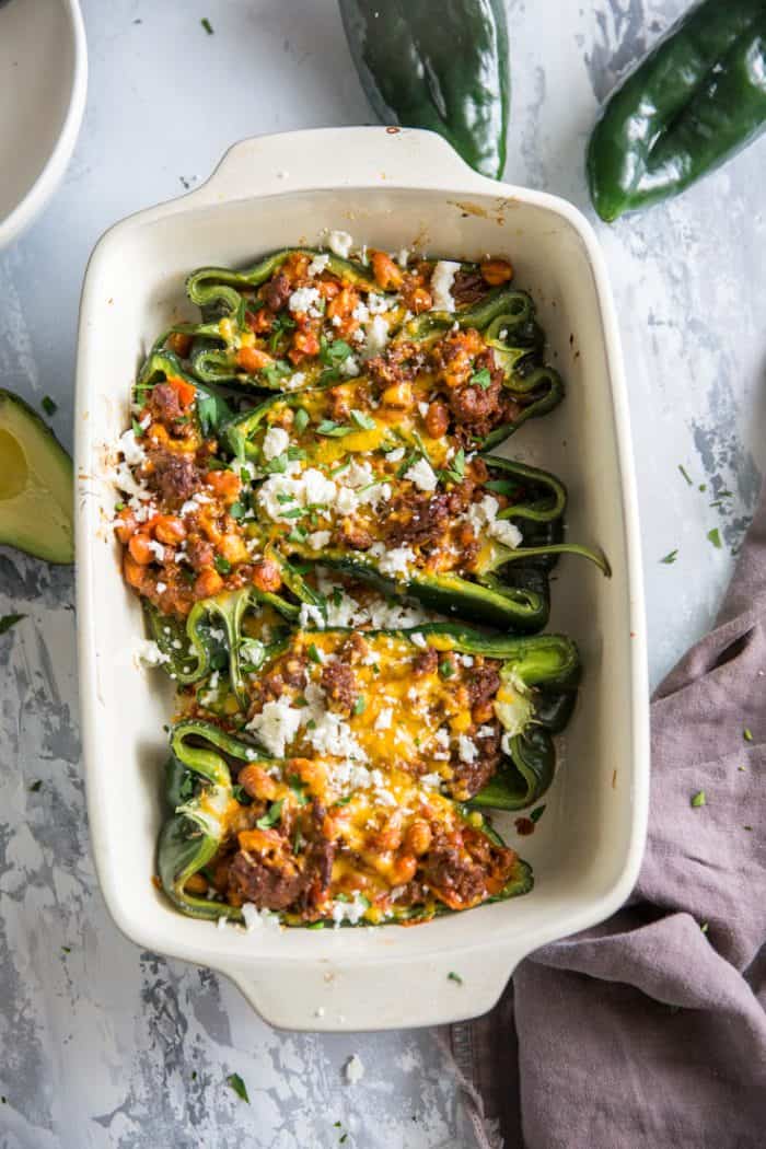 Dish of stuffed poblano peppers