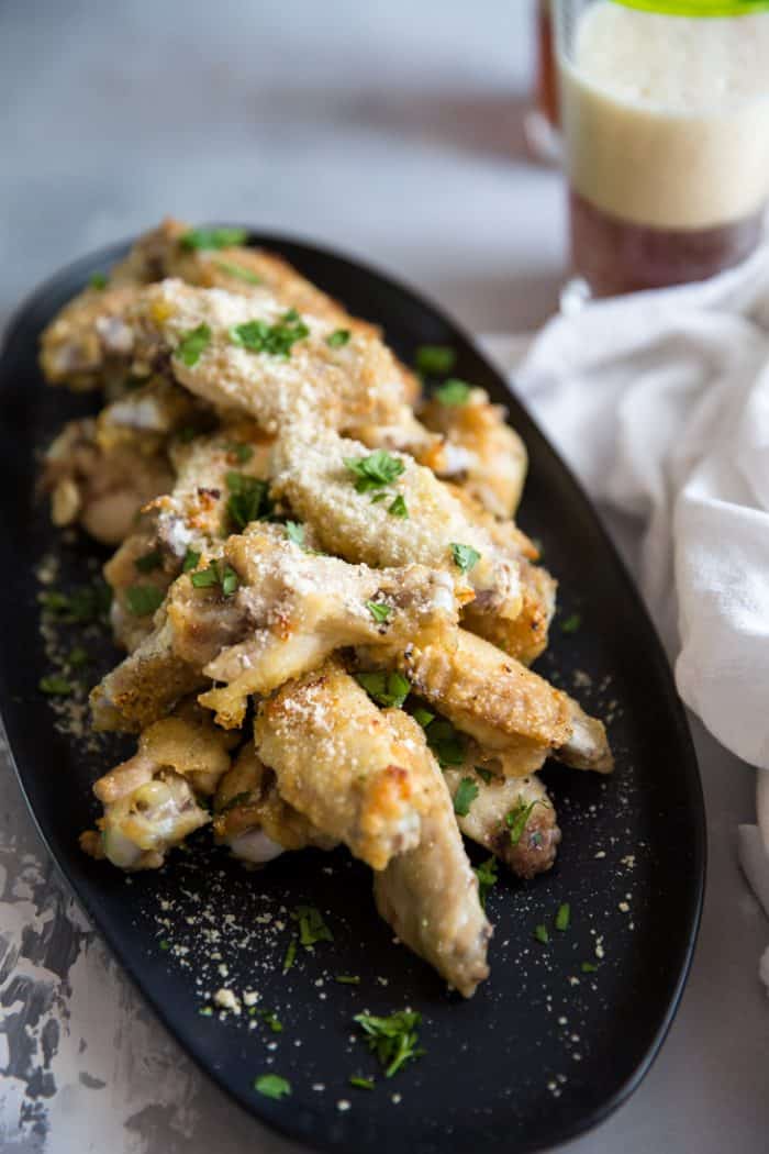 Garlic Parmesan Dry Rub Wings on a platter
