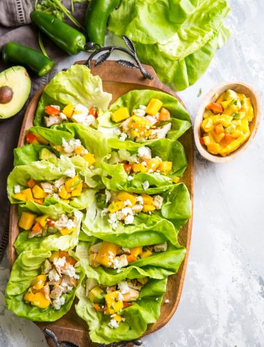 Grilled chicken wraps with mango salsa and goat cheese