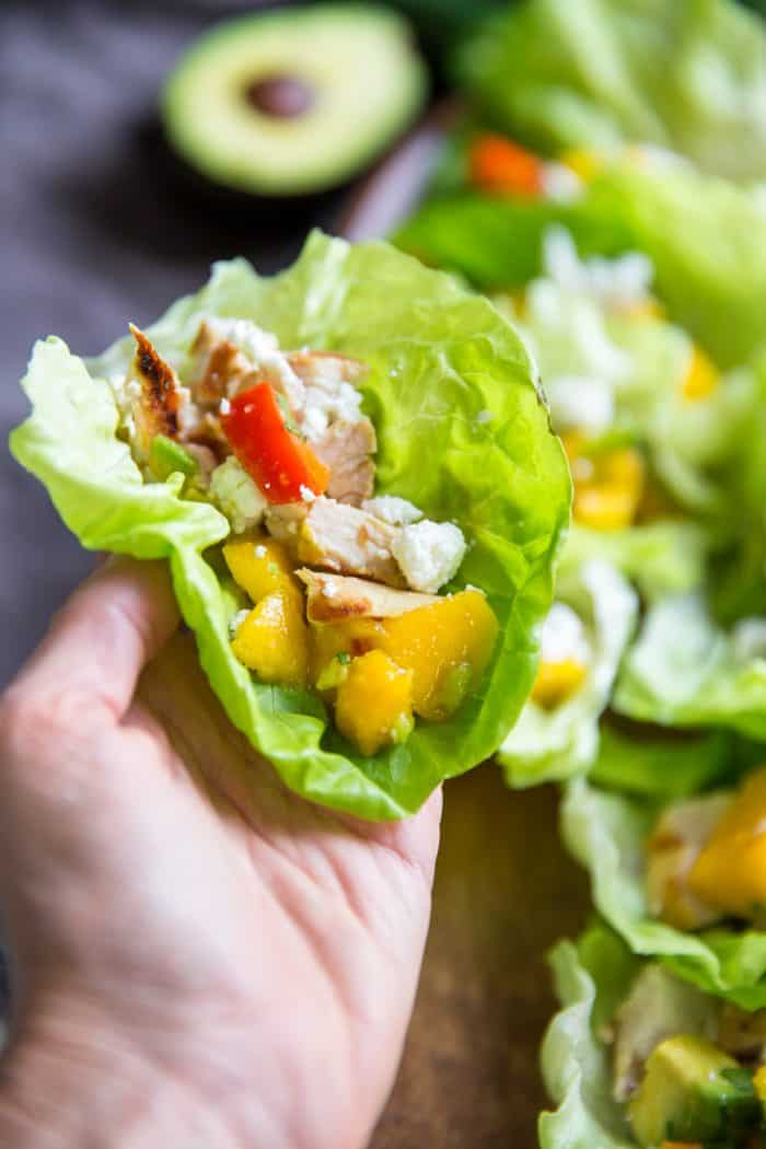 Hand with one chicken lettuce wrap