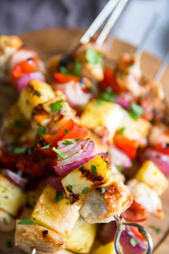 One Pineapple chicken kabob stacked