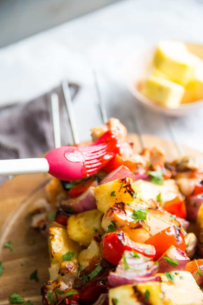 BBQ sauce over Pineapple Chicken Kabobs