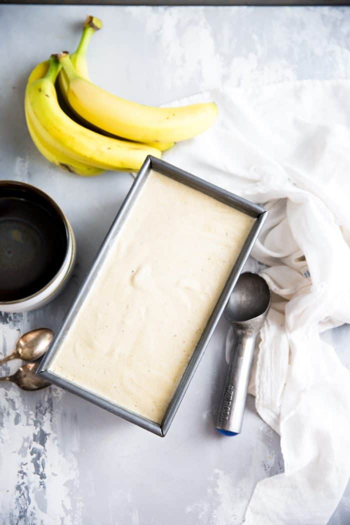 Pan of banana ice cream frozen