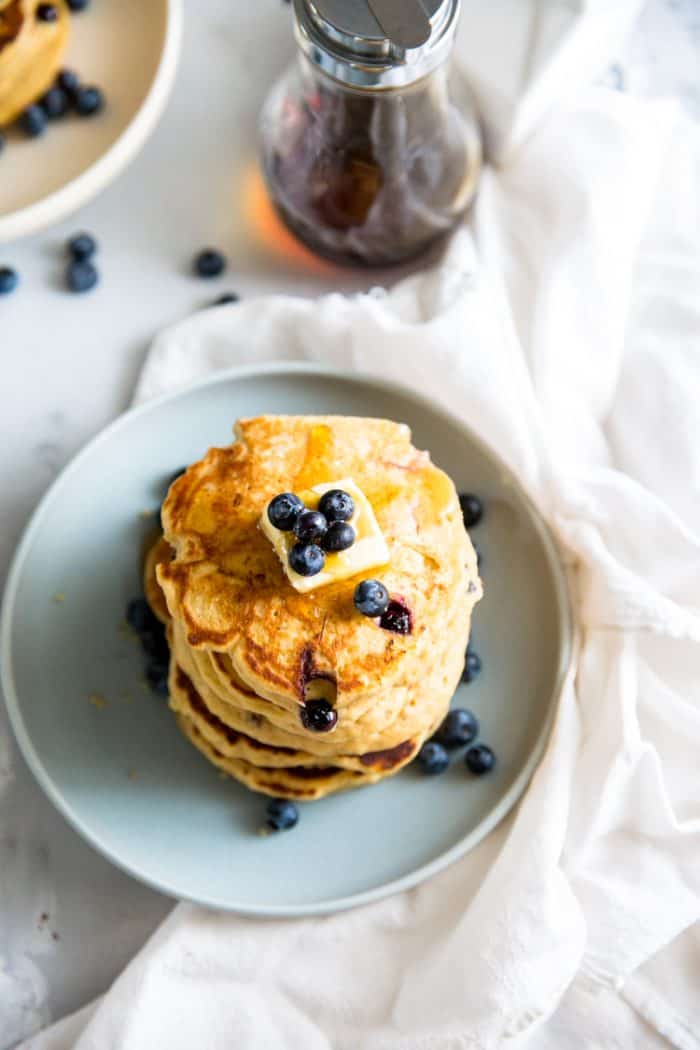 pancake recipe on blue plate