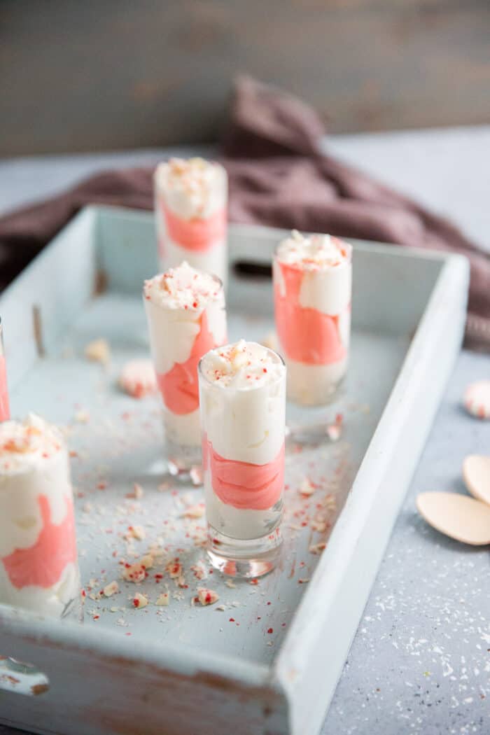 candy cane colored pudding shots