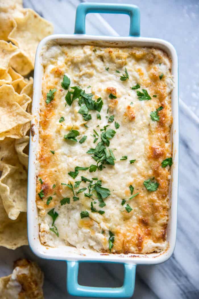 crab dip served with chips