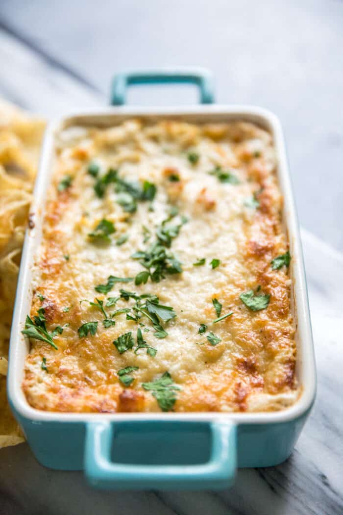 Crab dip blue baking dish