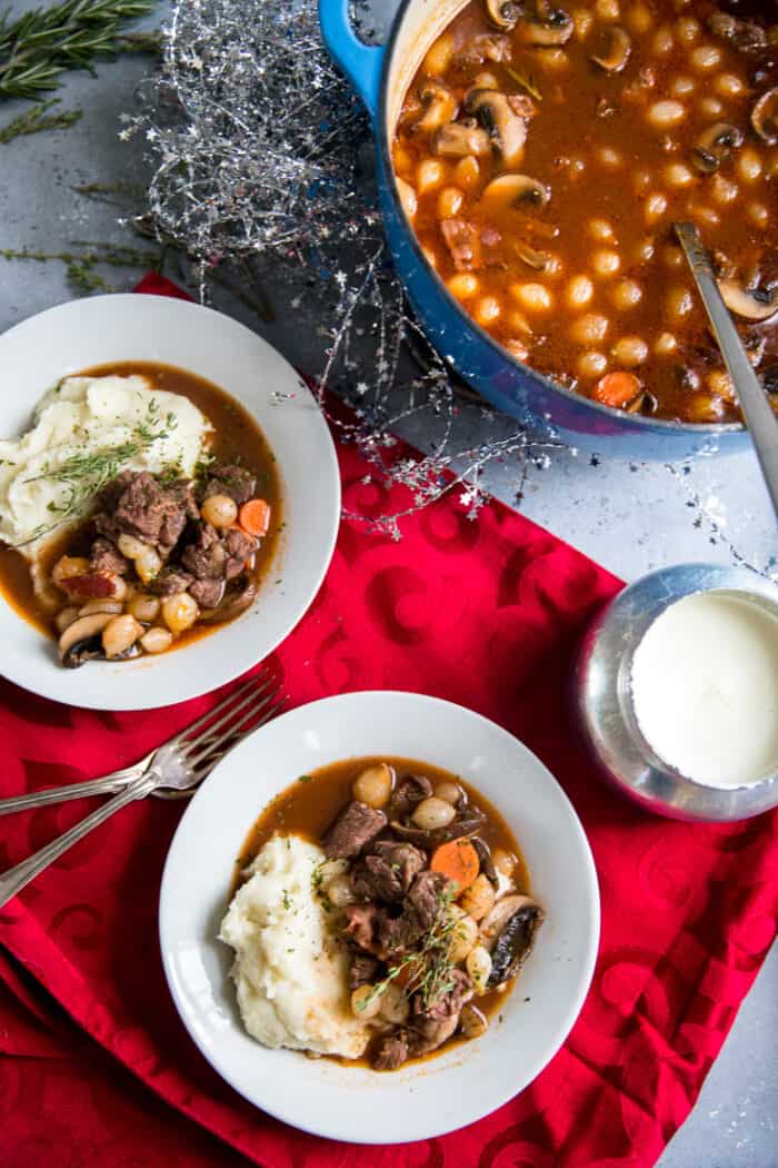 beef bourguignon Dutch oven and two bowls