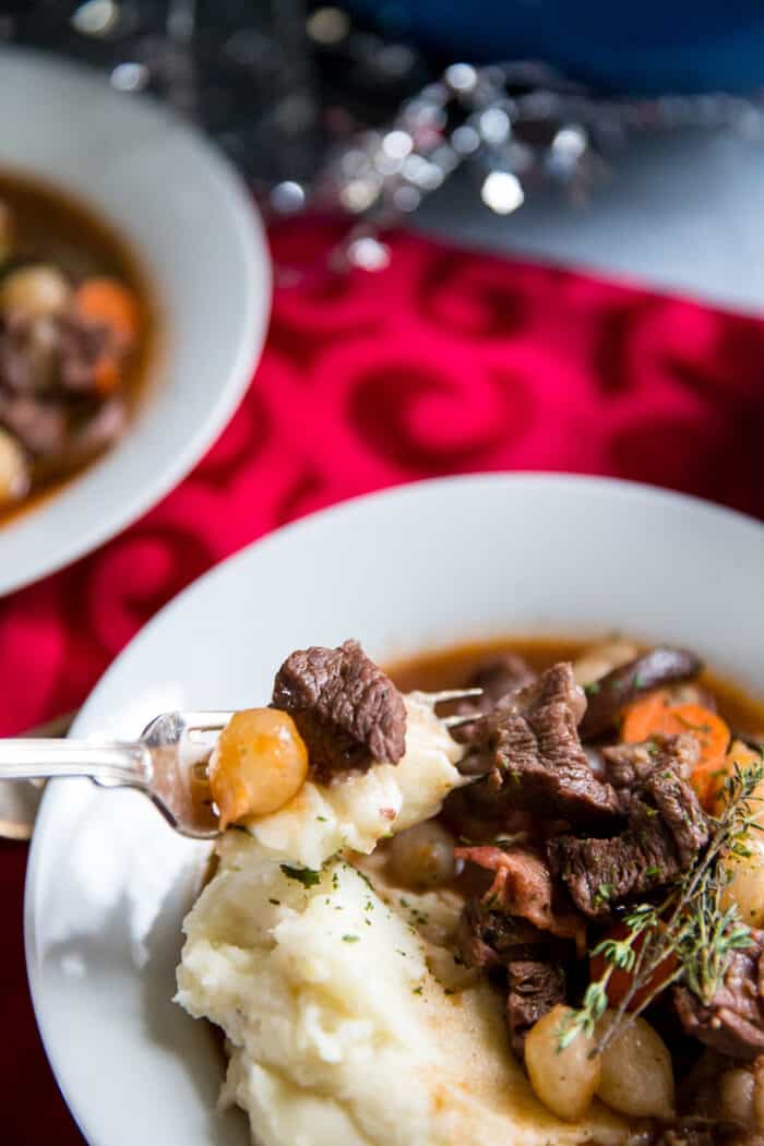 beef bourguignon fork with a bite