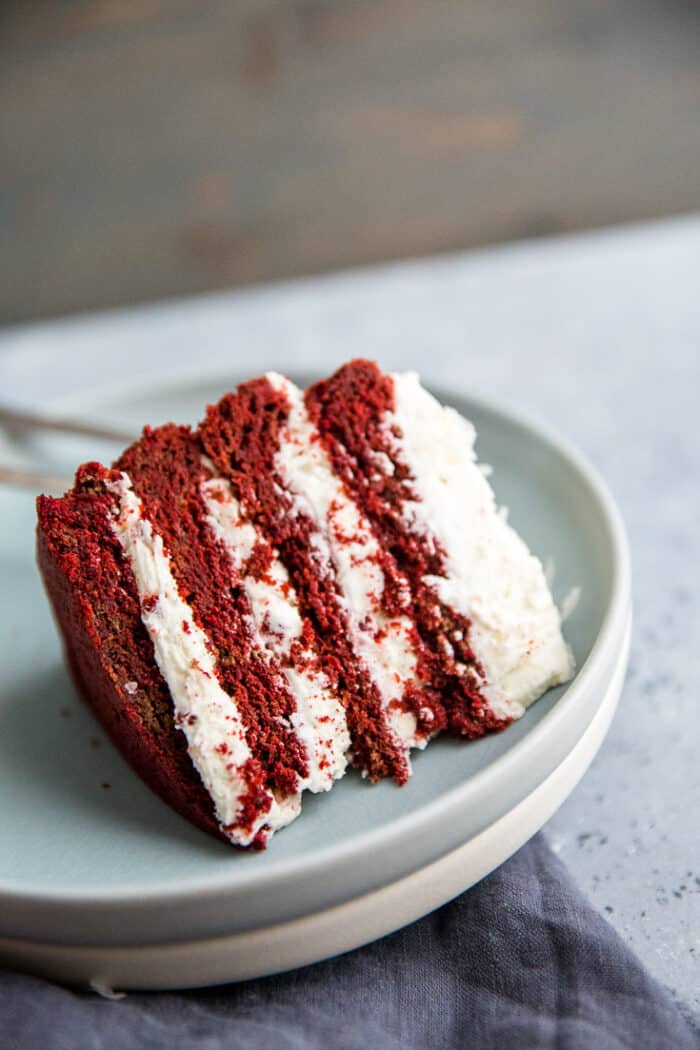 red velvet cookie cake on its side