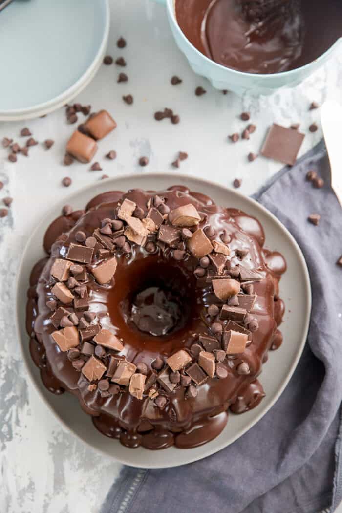 Chocolate bundt cake gray plate