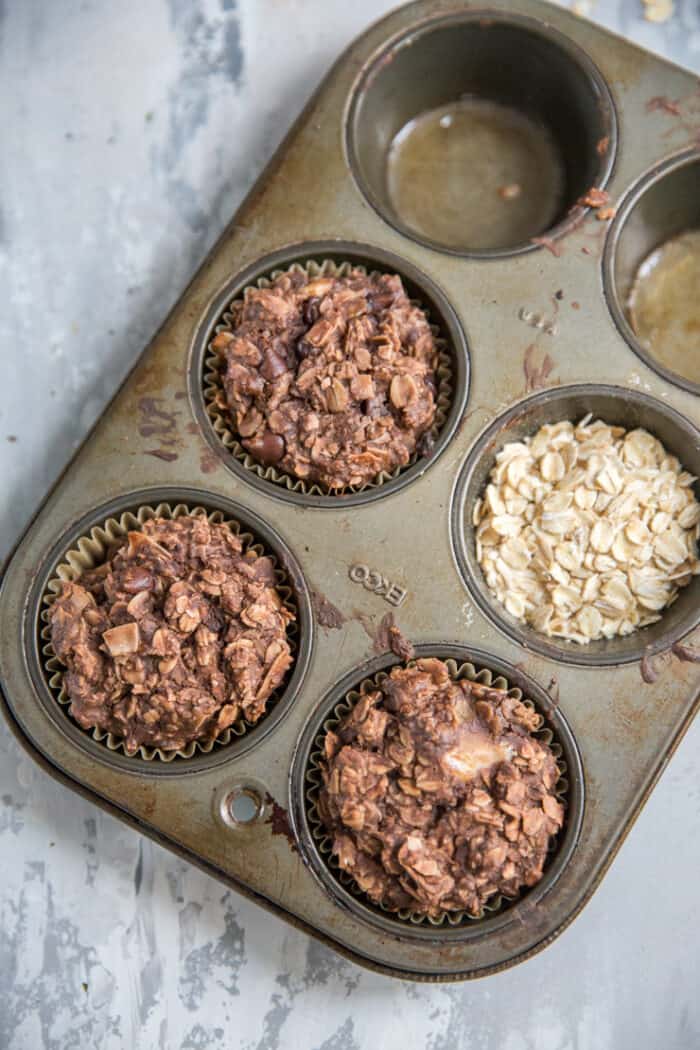3 chocolate chip muffins in a tin