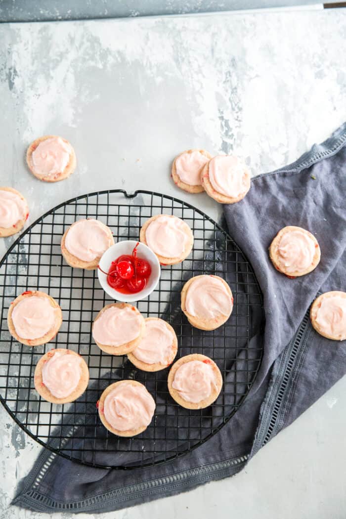 cherry sugar cookies on a baking rack