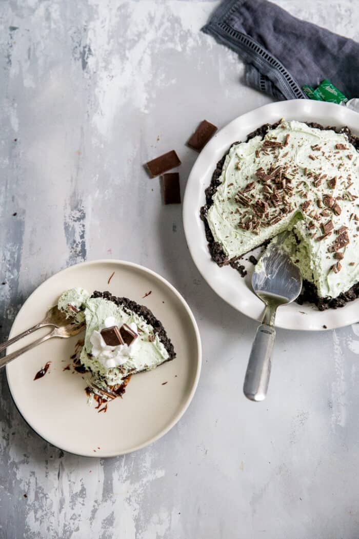 grasshopper pie with a slice on the side