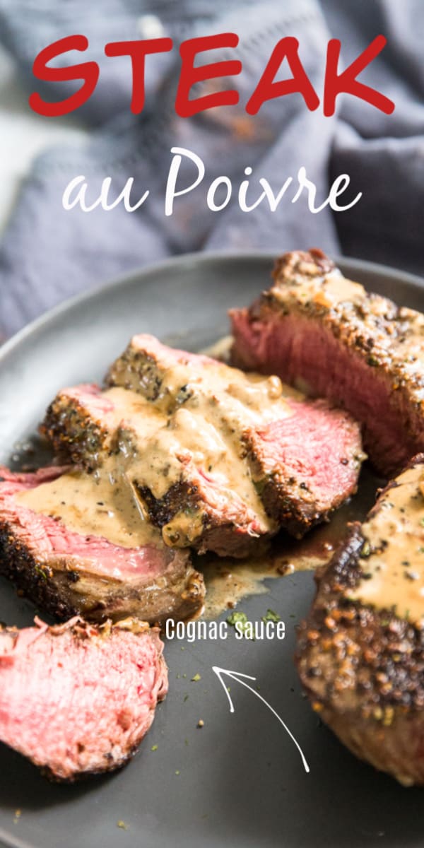 steak au poivre with sauce drizzled on top