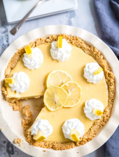 lemon pie in white pie plate