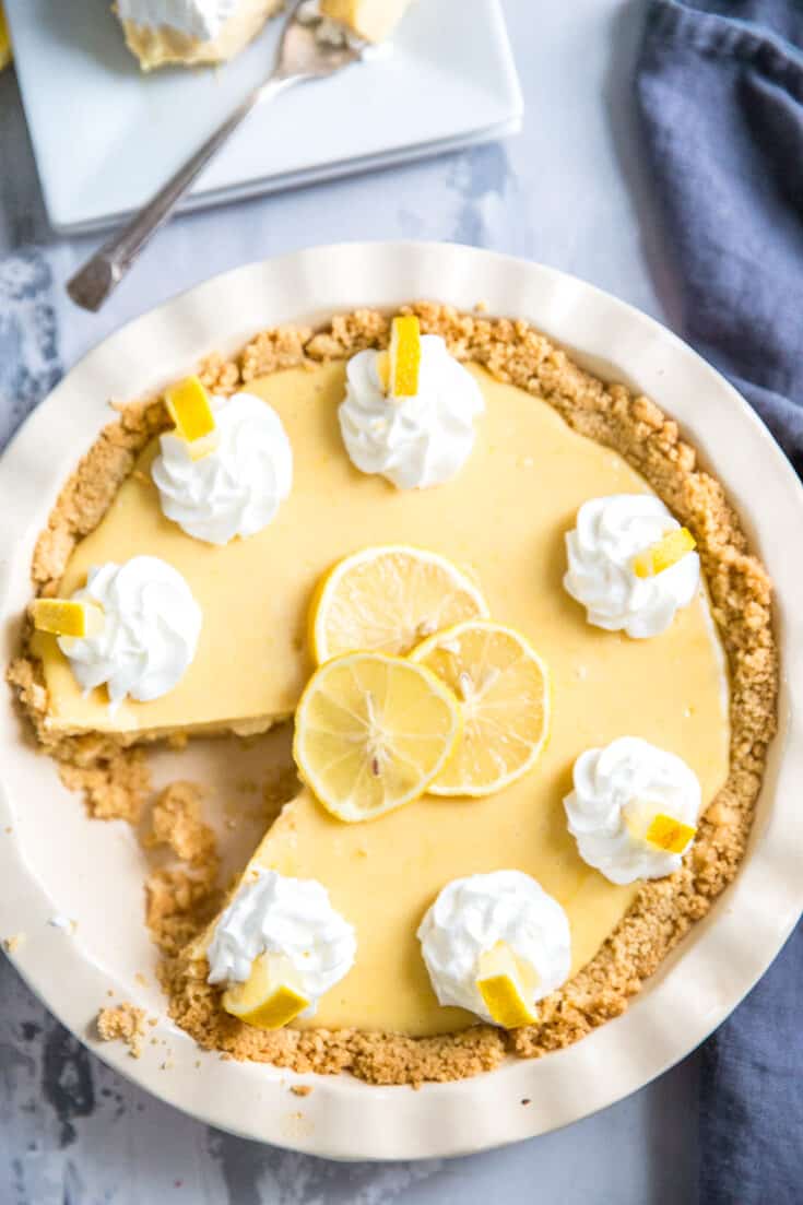 lemon pie in white pie plate