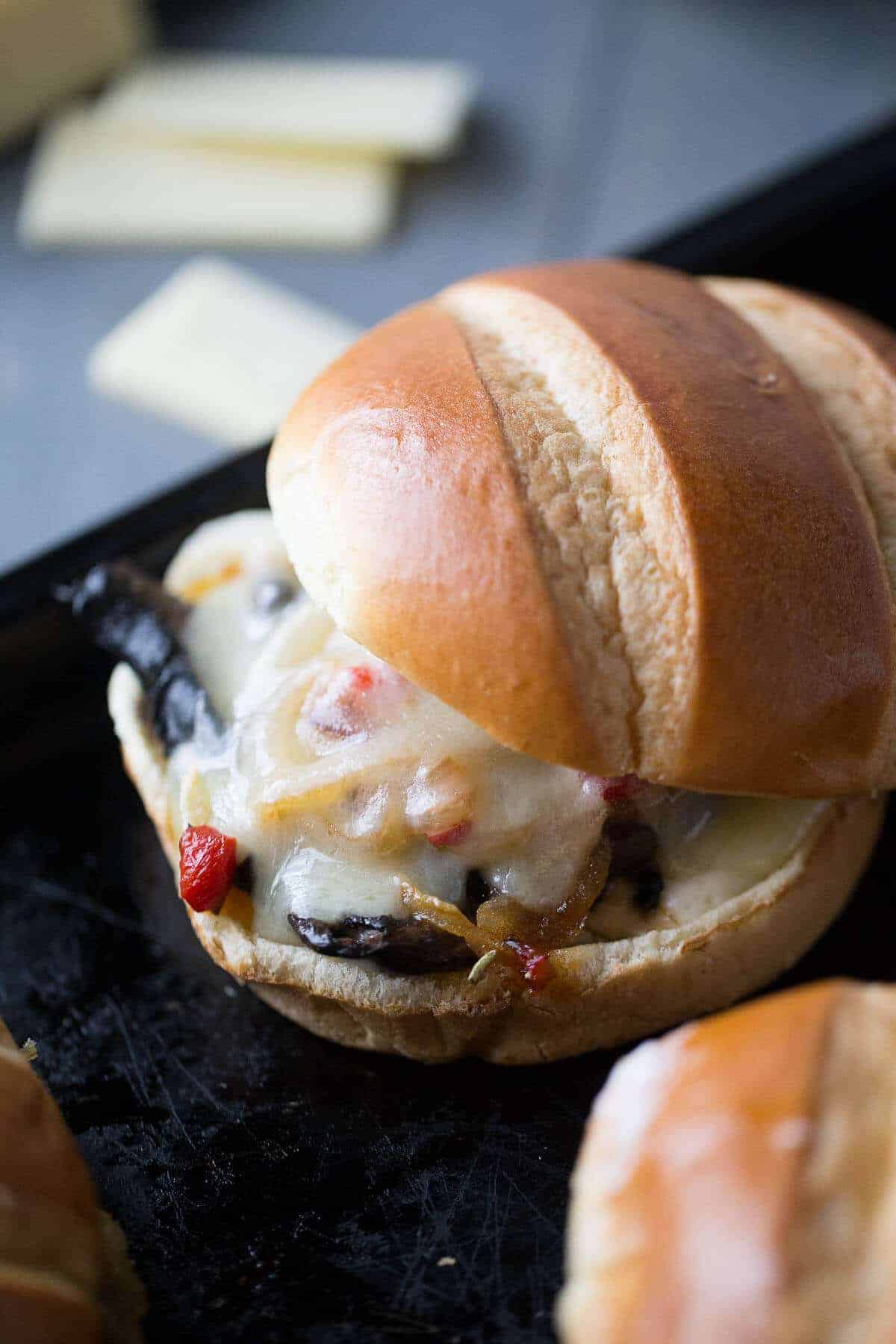 A close up of food, with Sandwich and Mushroom