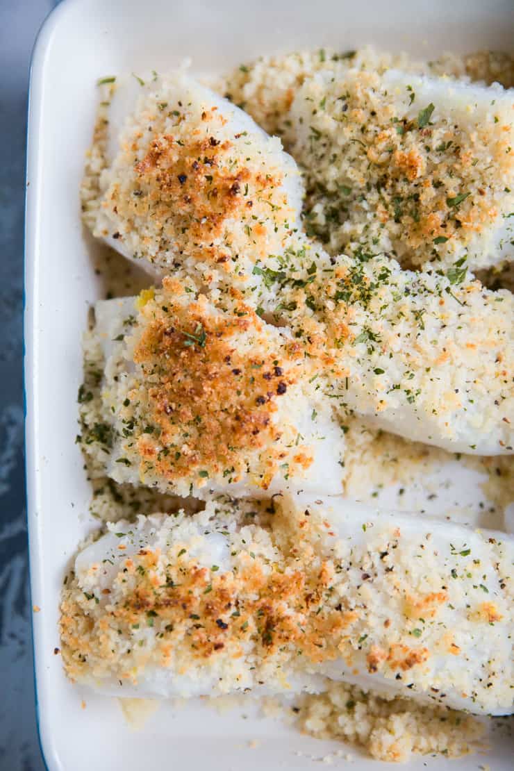 arranged pieces of baked cod