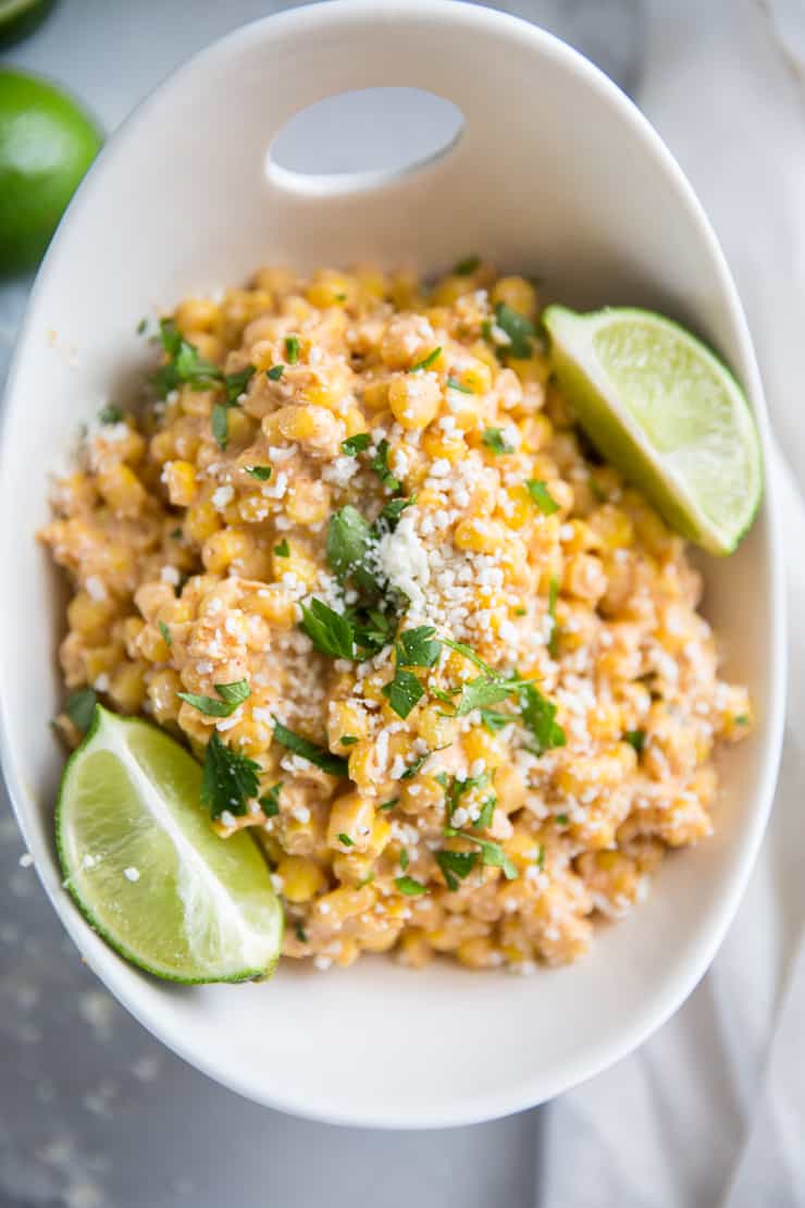 Elote corn salad recipe in a white serving bowl