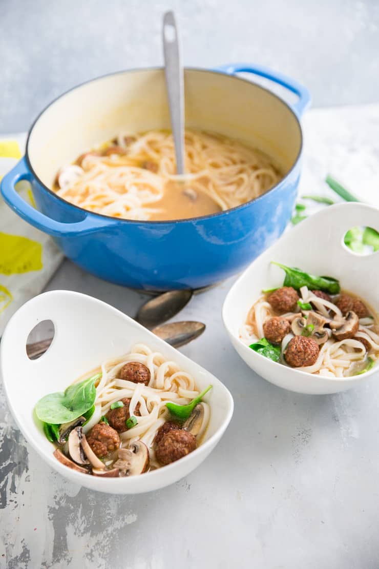 vegetarian pho with soup pot and two bowls