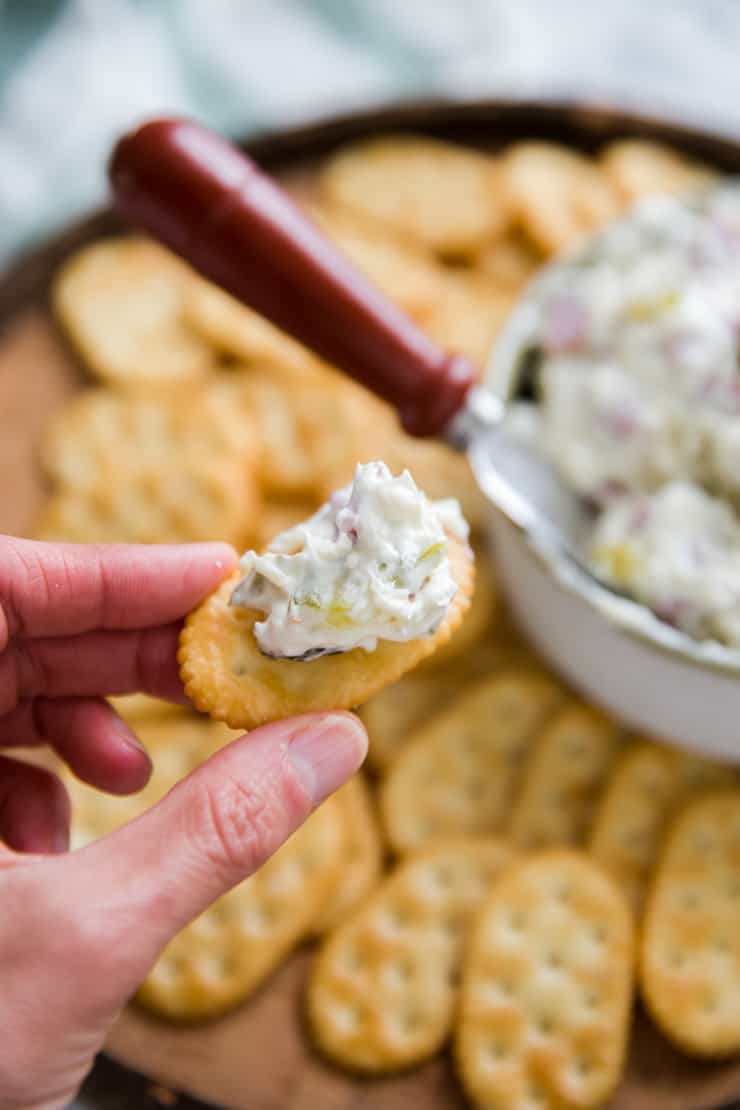 dill pickle dip on a cracker