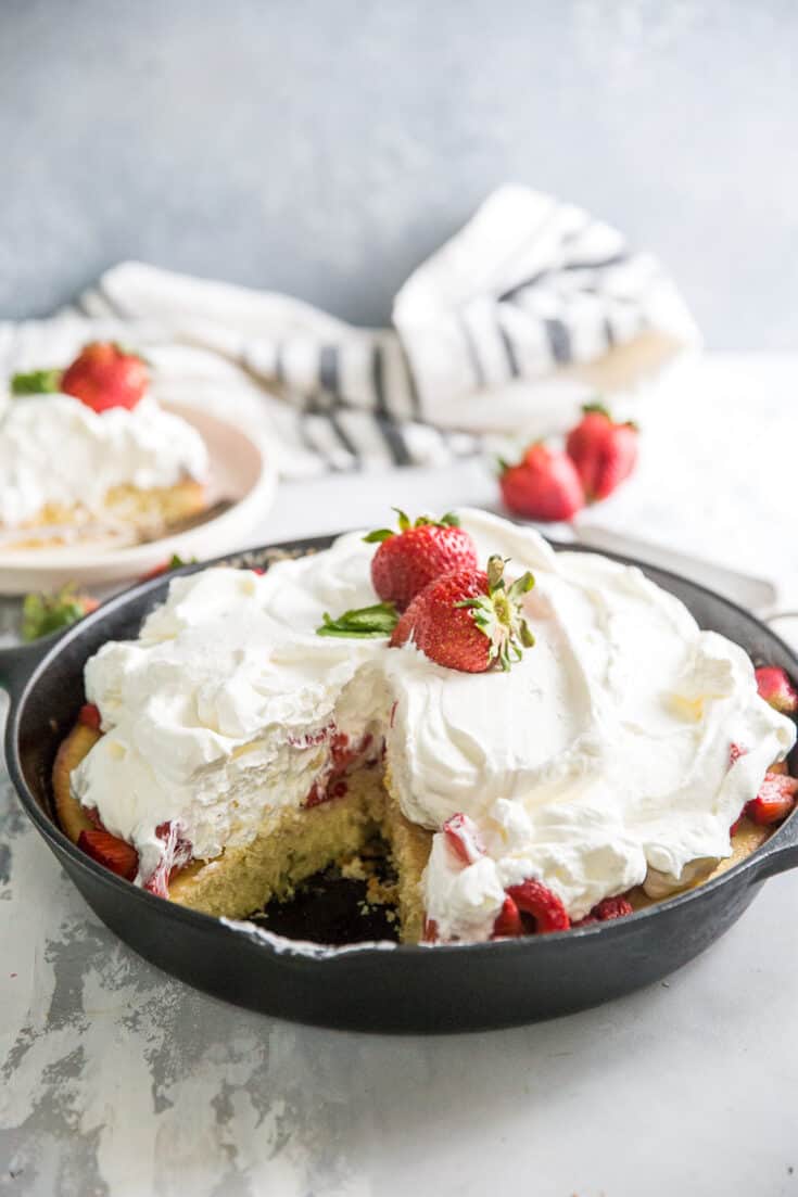 strawberry shortcake cake in a skillet
