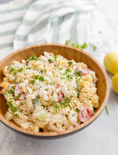 Greek pasta salad with feta cheese crumbles on top