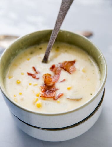 small bowl of corn chowder in a white bowl